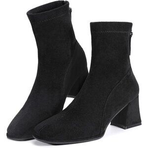 Women's Square Toe Ankle Chestnut Boot Faux Suede Low Black Heel Chelsea Shoes